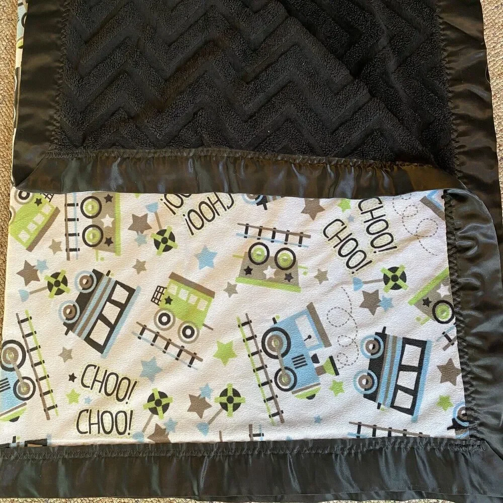Baby Toddler Fleece Blanket Satin Black White Green Choo Choo Train Soft 30”x40”